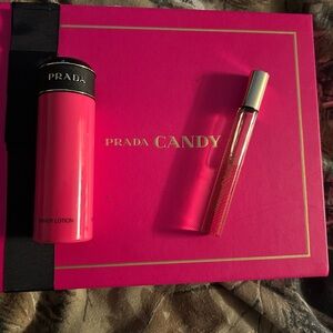 Prada, candy lotion, and roll-on perfume